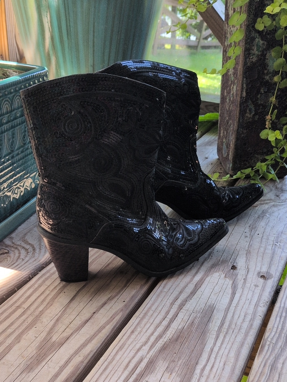 Women's Black Sequined And  Embossed Western Ankle Booties